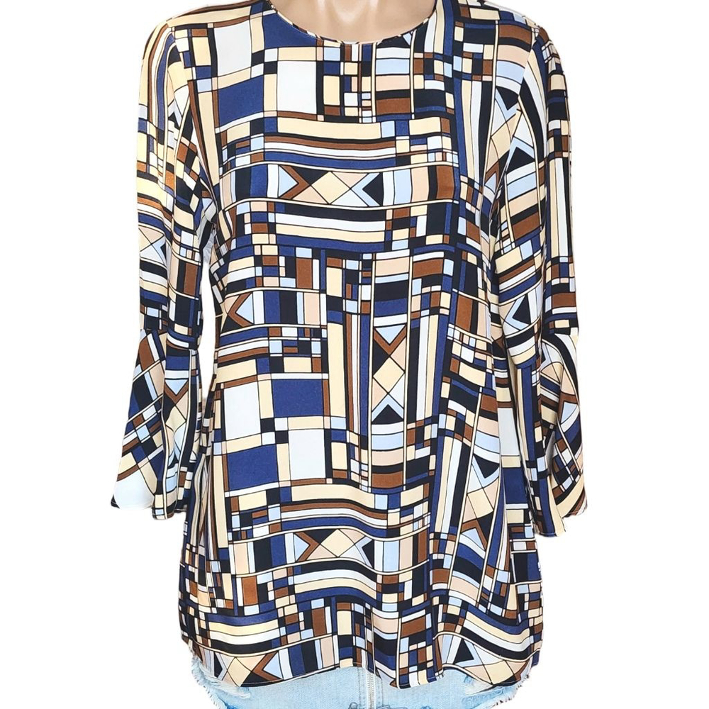 LAFAYETTE 148 Blouse Blue Brown Geometric Print Silk Bell Sleeve S89.99
Size S